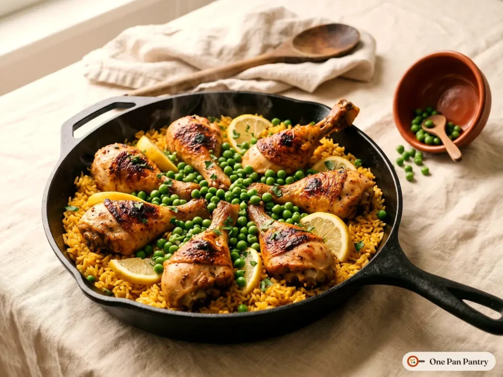 Green peas and lemon slices added to cooked chicken drumsticks and saffron rice in a cast iron skillet