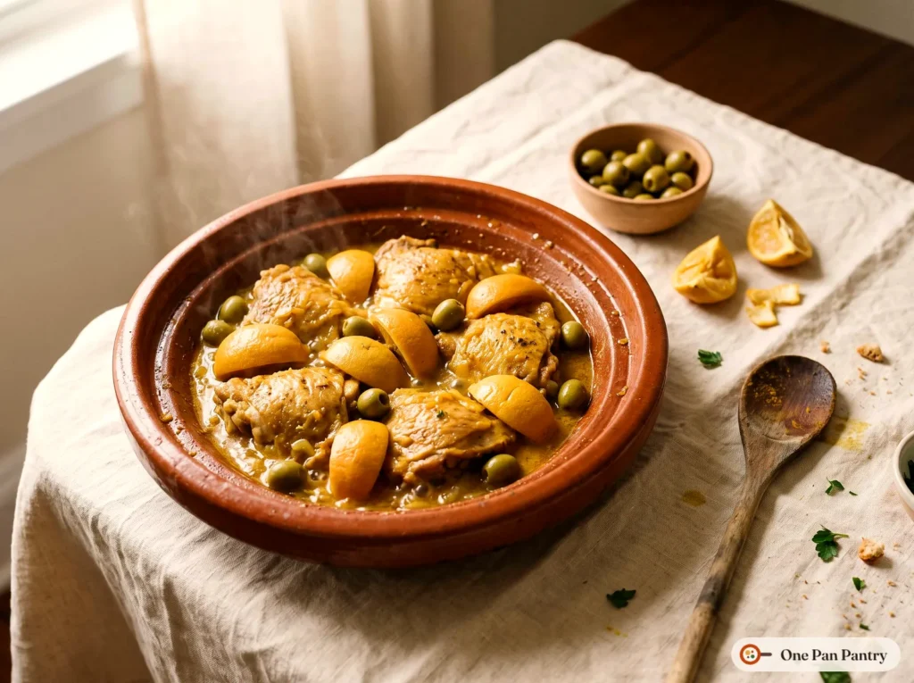 Preserved lemon quarters and green olives tucked around braised chicken thighs in a terracotta tagine