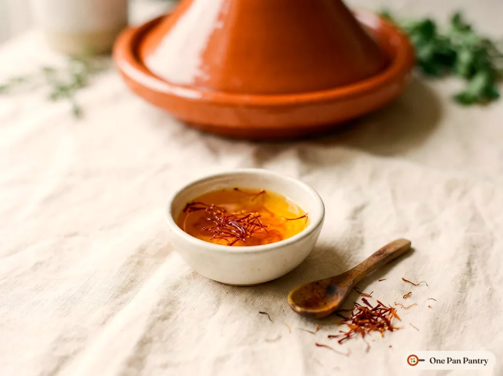 Saffron threads soaking in warm water in a small white bowl, the water turning golden, next to a wooden spoon and a clay tagine