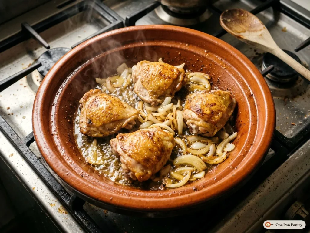 Chicken thighs browning with sliced onions in a clay tagine on the stove