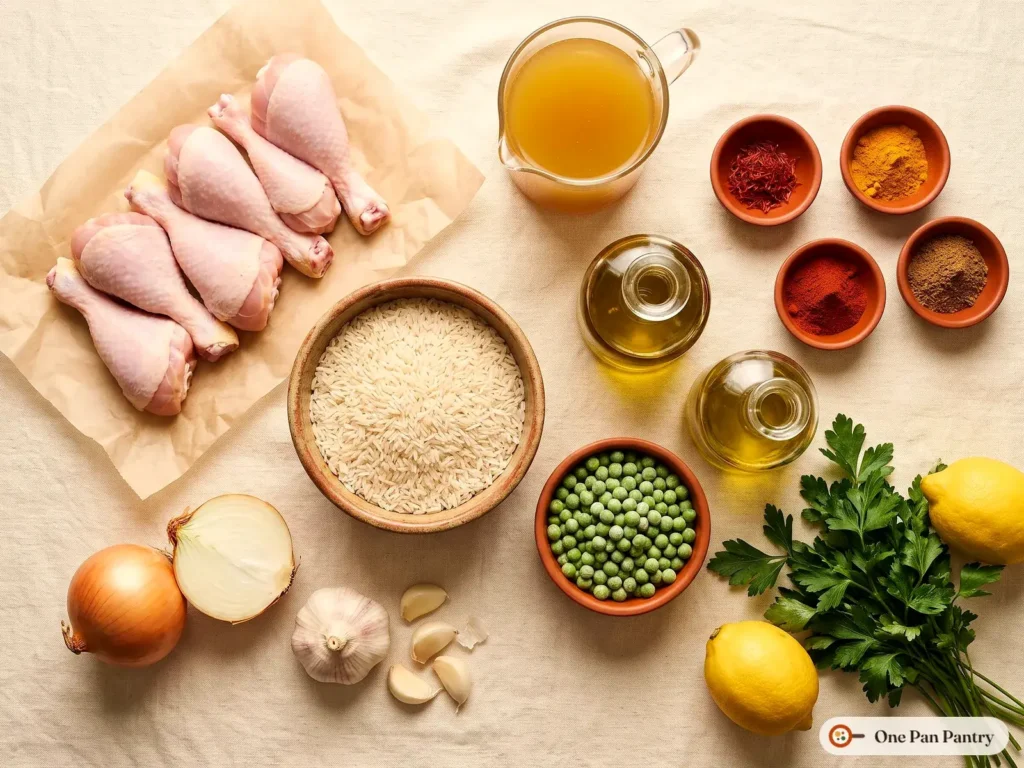 Ingredients for chicken and saffron rice: raw chicken drumsticks, basmati rice, chicken stock, olive oil, saffron, turmeric, paprika, cumin, peas, onion, garlic, lemons and parsley