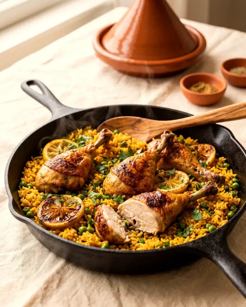 Cast iron skillet of saffron rice with golden chicken drumsticks, one cut open, peas and lemon slices next to a clay tagine