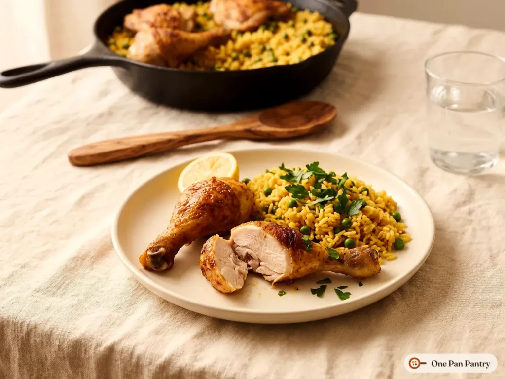 A plate of chicken and saffron rice with one drumstick cut open, peas, parsley and a lemon wedge