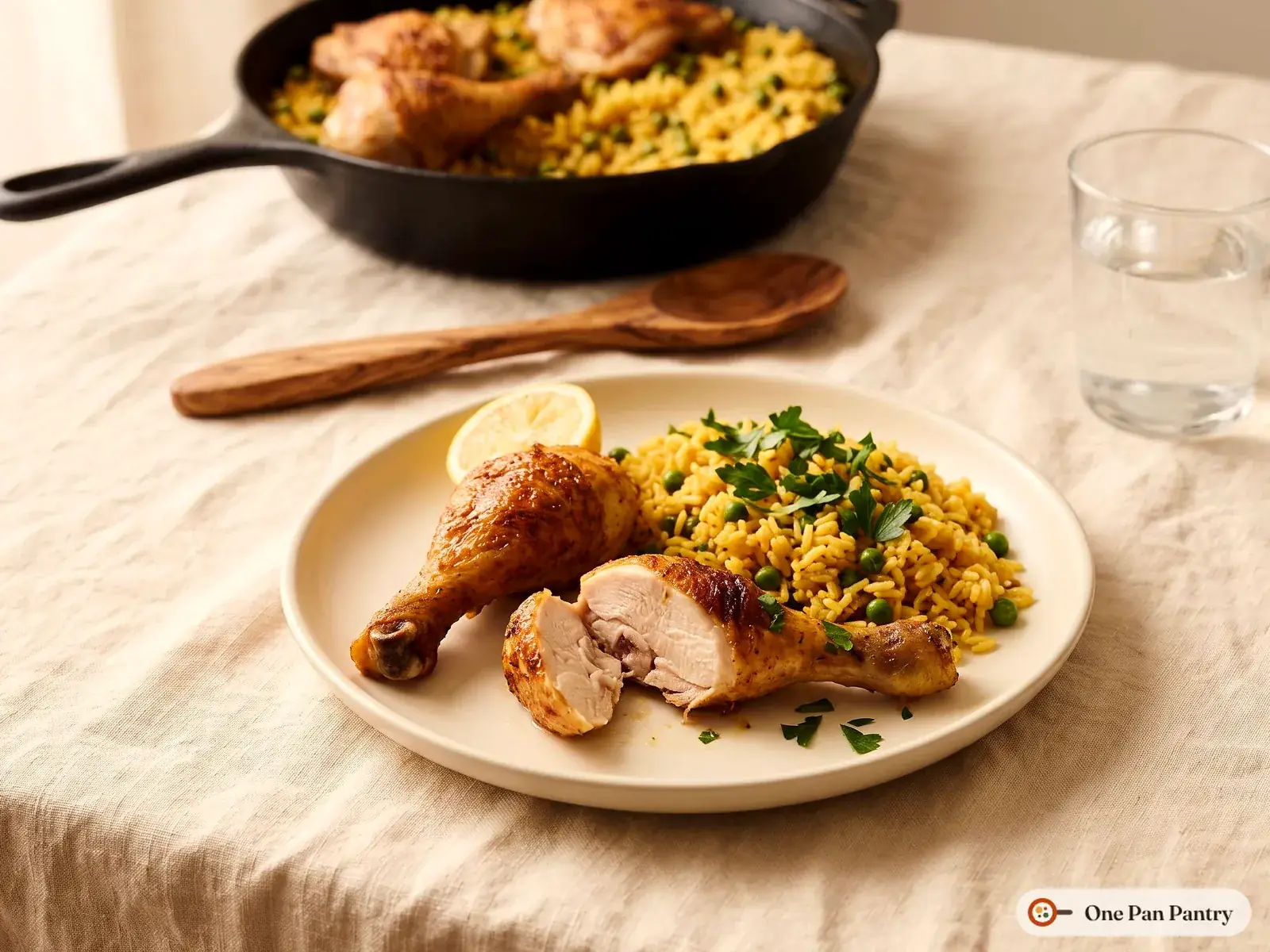 A plate of chicken and saffron rice with one drumstick cut open, peas, parsley and a lemon wedge