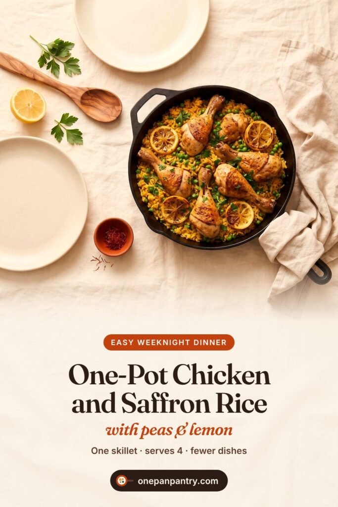 One-Pot Chicken and Saffron Rice with peas and lemon, an easy weeknight dinner from One Pan Pantry