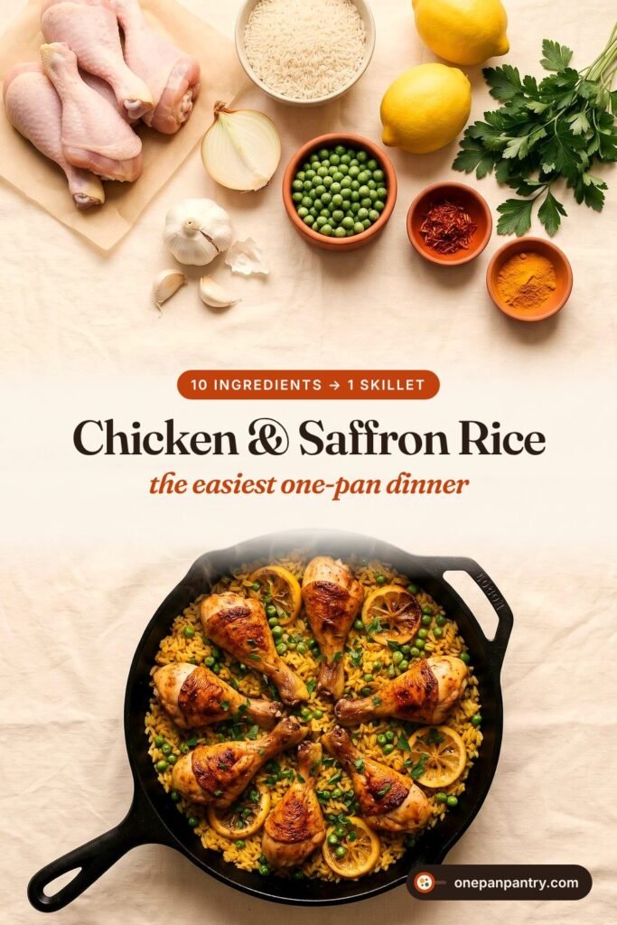 Chicken and saffron rice ingredients and the finished skillet, the easiest one-pan dinner from One Pan Pantry