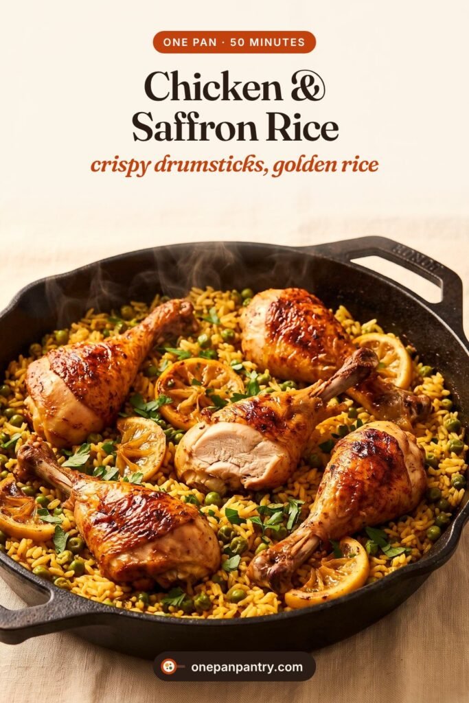 One-Pot Chicken and Saffron Rice with crispy drumsticks and golden rice, from One Pan Pantry
