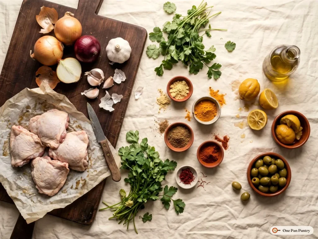 Ingredients for chicken tagine: chicken thighs, onions, garlic, cilantro, parsley, preserved lemons, green olives, olive oil, ginger, turmeric, cumin, paprika and saffron