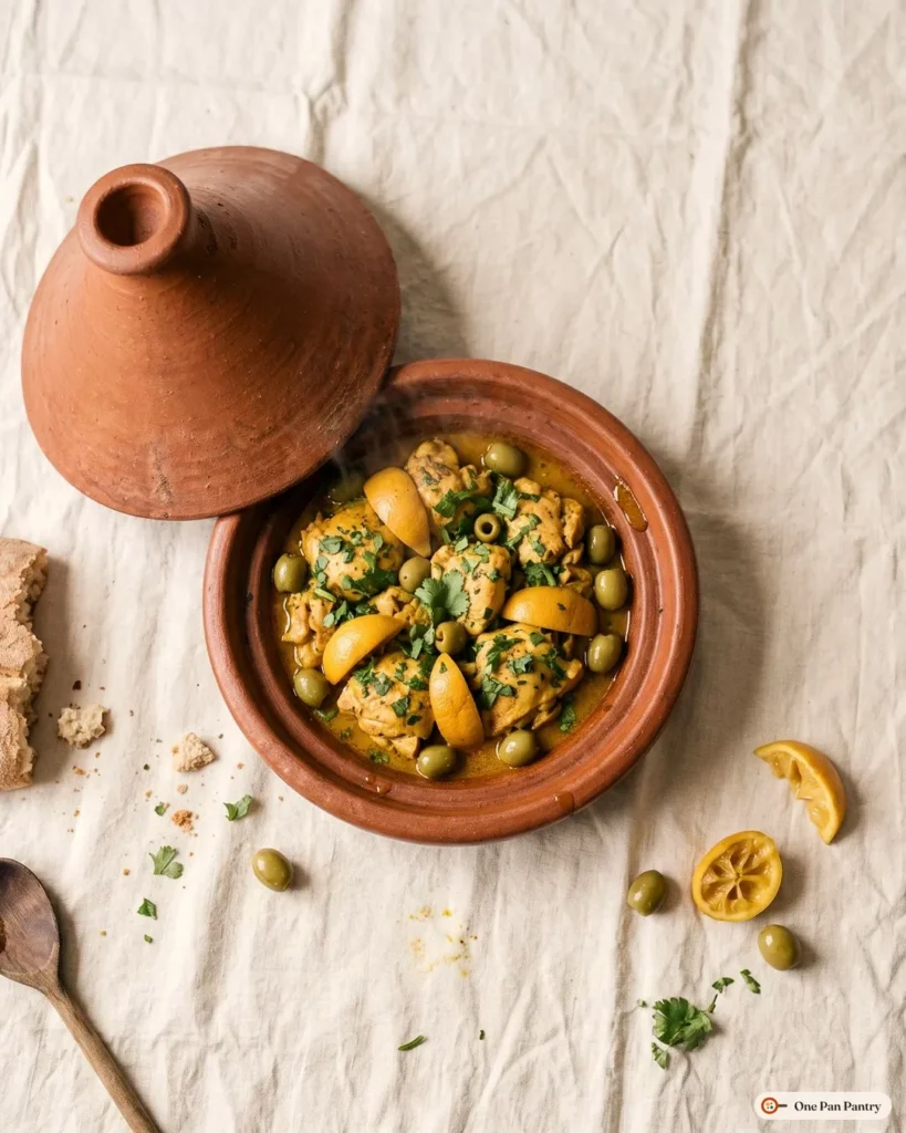 Overhead view of chicken tagine with preserved lemons, green olives and fresh cilantro in a terracotta tagine