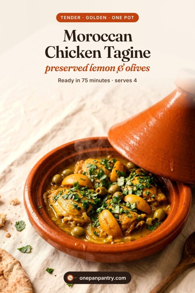 Moroccan Chicken Tagine with preserved lemon and olives, ready in 75 minutes, from One Pan Pantry