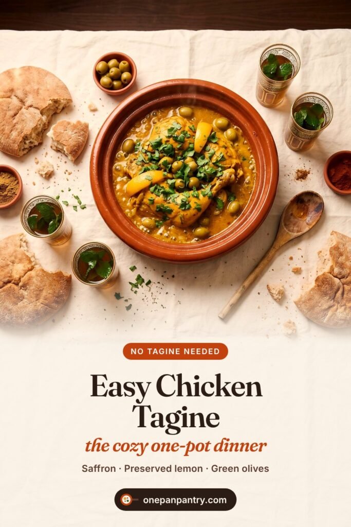 Easy Chicken Tagine, the cozy one-pot dinner with saffron, preserved lemon and green olives, from One Pan Pantry