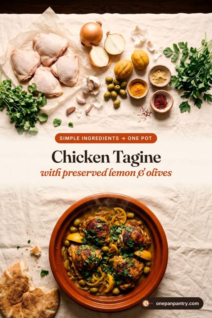 Chicken tagine ingredients and the finished one-pot tagine with preserved lemon and olives, from One Pan Pantry