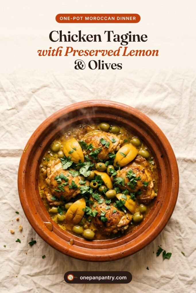 Chicken Tagine with Preserved Lemon and Olives, a one-pot Moroccan dinner from One Pan Pantry