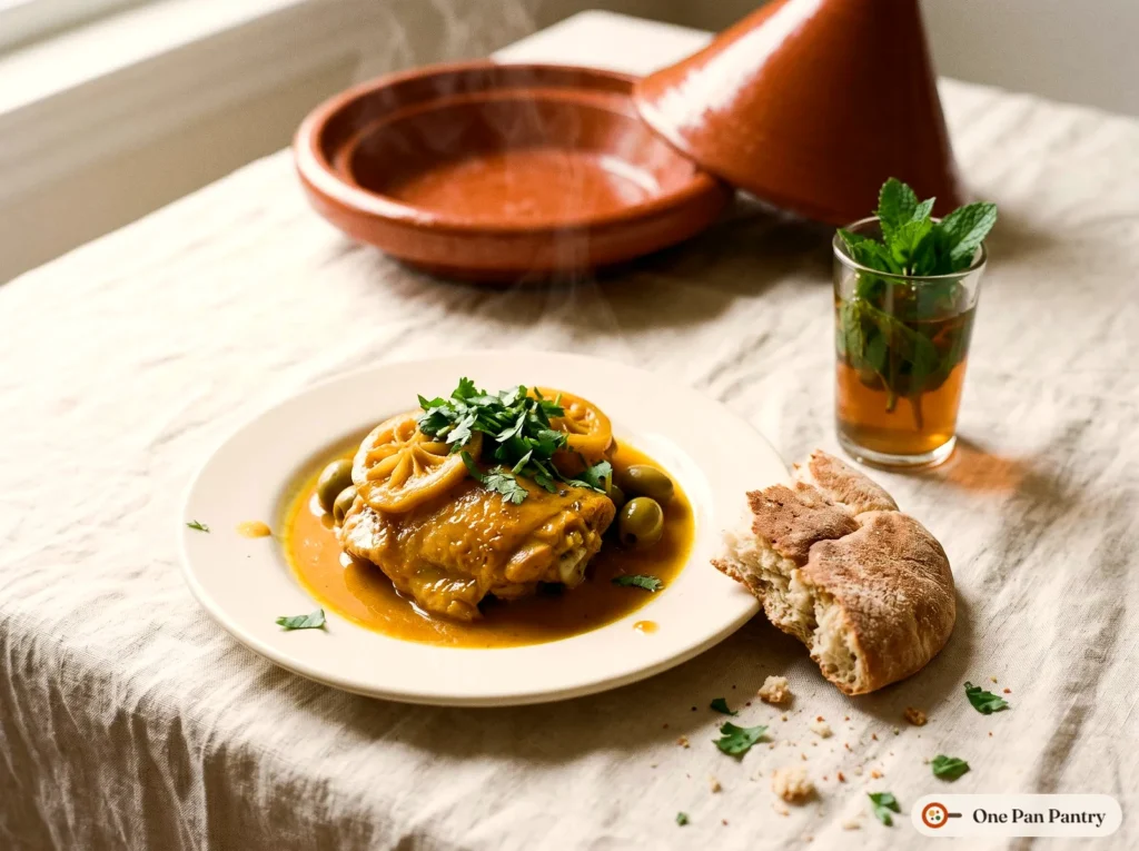 A plate of chicken tagine with preserved lemon, green olives and cilantro, served with Moroccan bread and mint tea