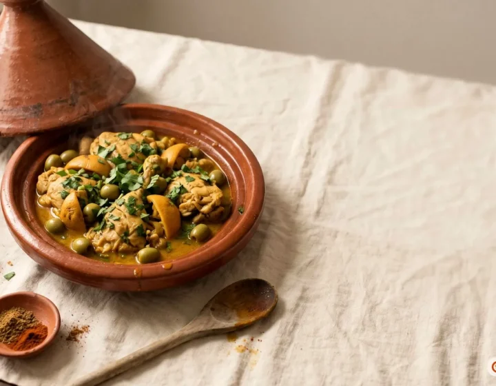 Moroccan chicken tagine with preserved lemon and green olives in a clay tagine, lid on the side, with bread and spices on a linen tablecloth