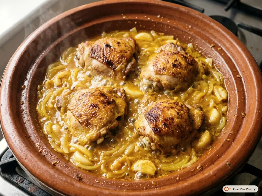Browned chicken thighs simmering in a golden saffron and turmeric sauce with onions and garlic in a tagine