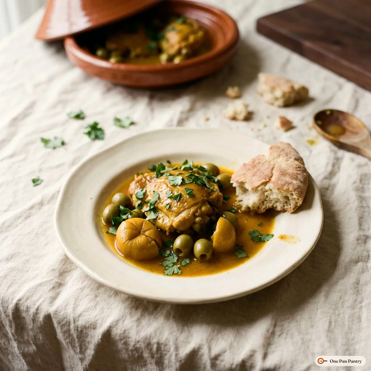A serving of chicken tagine with preserved lemon and olives on a cream plate with Moroccan bread