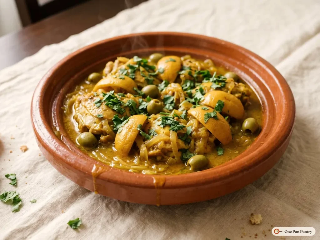 Finished chicken tagine topped with preserved lemon, green olives and chopped cilantro