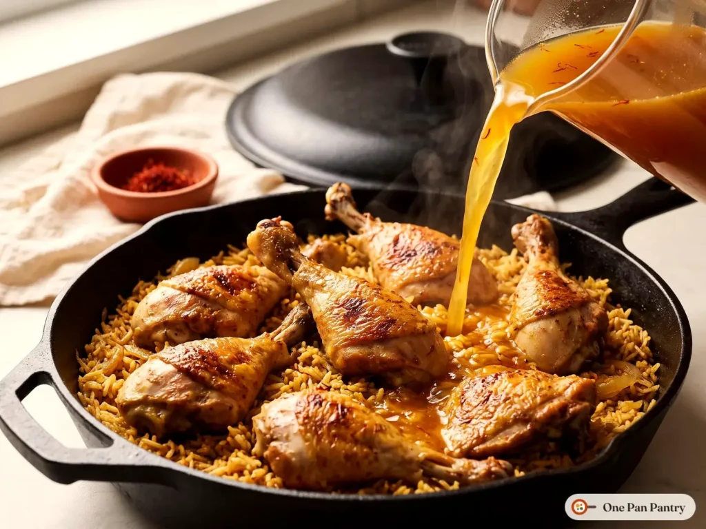 Golden saffron chicken stock being poured over browned drumsticks nestled in rice in a cast iron skillet