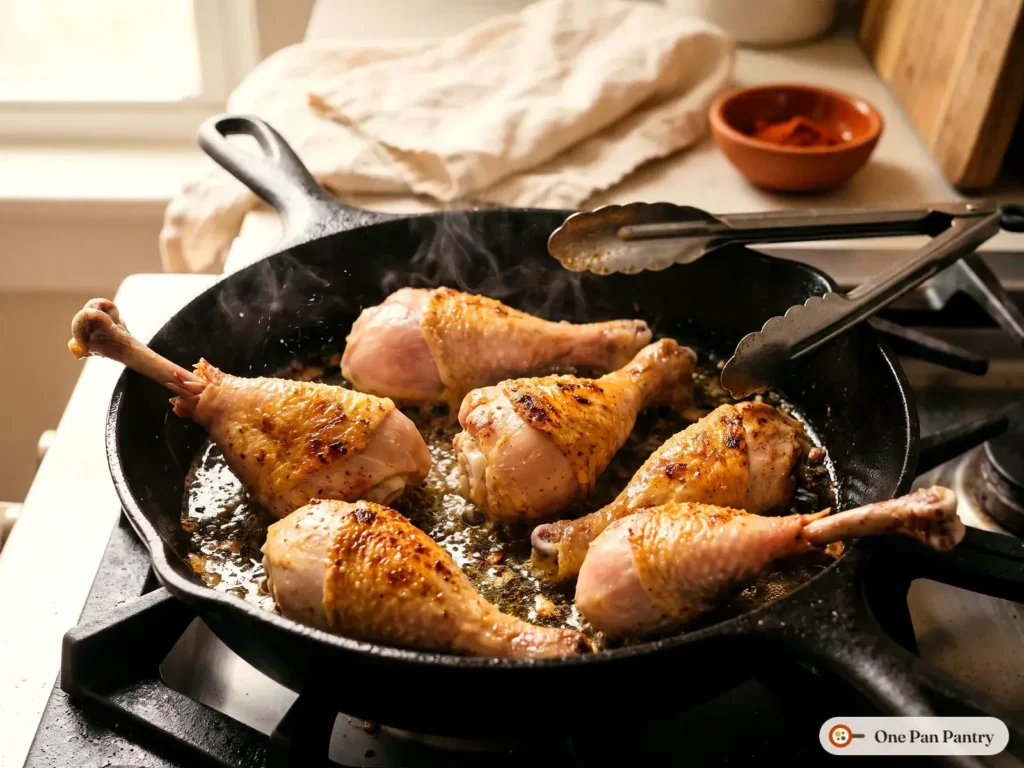 Chicken drumsticks searing skin-side down in olive oil in a cast iron skillet until golden