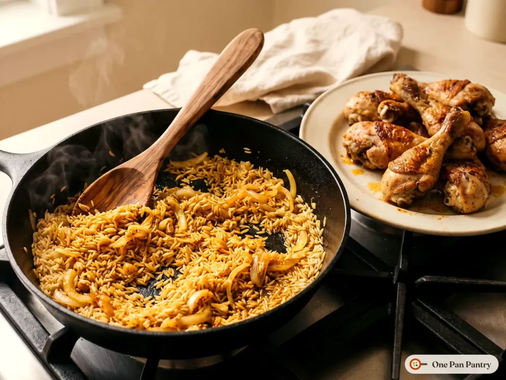 Basmati rice toasting with softened onions and turmeric in a cast iron skillet, browned drumsticks resting on a plate